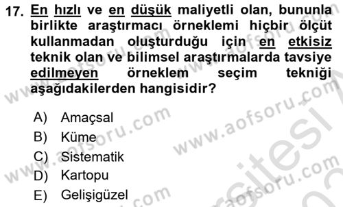 Sosyolojide Araştırma Yöntem ve Teknikleri Dersi 2025 - 2026 Yılı Yaz Okulu Sınav Soruları 17. Soru