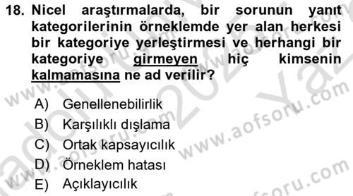 Sosyolojide Araştırma Yöntem ve Teknikleri Dersi 2025 - 2026 Yılı Yaz Okulu Sınav Soruları 18. Soru