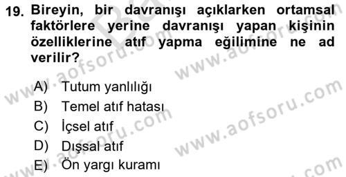 Birey ve Davranış Dersi 2021 - 2022 Yılı (Final) Dönem Sonu Sınav Soruları 19. Soru
