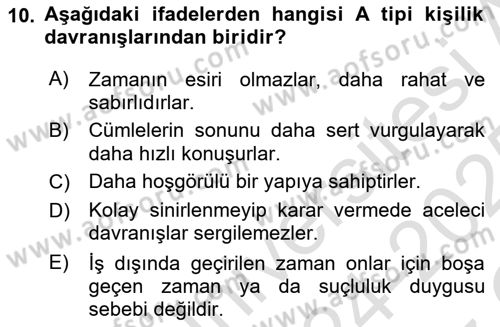 Birey ve Davranış Dersi 2024 - 2025 Yılı Yaz Okulu Sınav Soruları 10. Soru