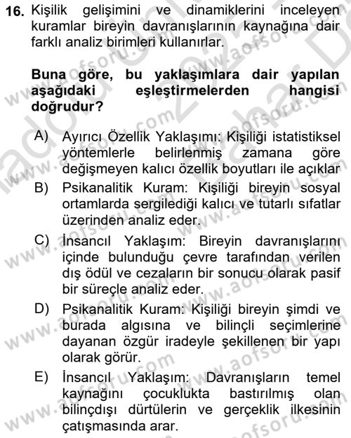 Birey ve Davranış Dersi 2025 - 2026 Yılı (Vize) Ara Sınav Soruları 16. Soru