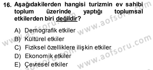 Turizm Sosyolojisi Dersi Ara Sınavı Deneme Sınav Soruları 16. Soru