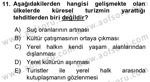 Turizm Sosyolojisi Dersi 2015 - 2016 Yılı Tek Ders Sınav Soruları 11. Soru