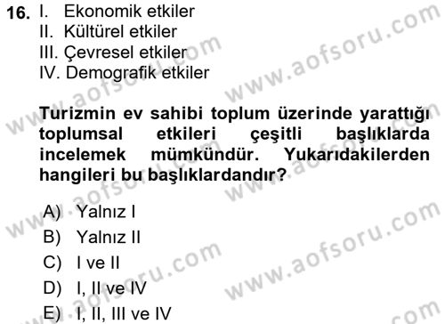 Turizm Sosyolojisi Dersi Ara Sınavı Deneme Sınav Soruları 16. Soru