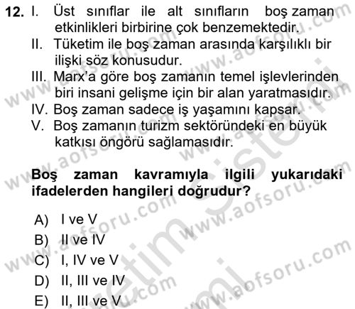 Turizm Sosyolojisi Dersi Ara Sınavı Deneme Sınav Soruları 12. Soru