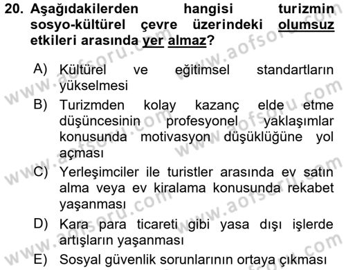 Turizm Sosyolojisi Dersi Ara Sınavı Deneme Sınav Soruları 20. Soru