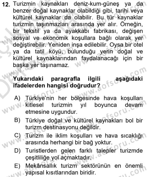 Turizm Sosyolojisi Dersi 2018 - 2019 Yılı 3 Ders Sınav Soruları 12. Soru