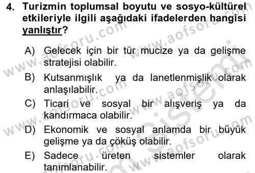 Turizm Sosyolojisi Dersi 2018 - 2019 Yılı 3 Ders Sınav Soruları 4. Soru
