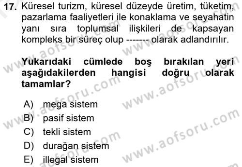 Turizm Sosyolojisi Dersi 2018 - 2019 Yılı (Vize) Ara Sınav Soruları 17. Soru
