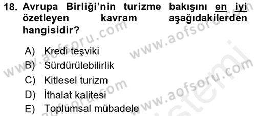 Turizm Sosyolojisi Dersi 2018 - 2019 Yılı (Vize) Ara Sınav Soruları 18. Soru