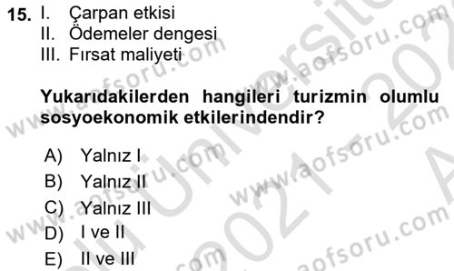 Turizm Sosyolojisi Dersi 2021 - 2022 Yılı (Vize) Ara Sınav Soruları 15. Soru