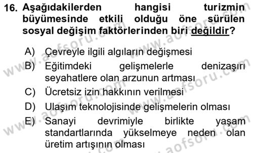 Turizm Sosyolojisi Dersi Ara Sınavı Deneme Sınav Soruları 16. Soru