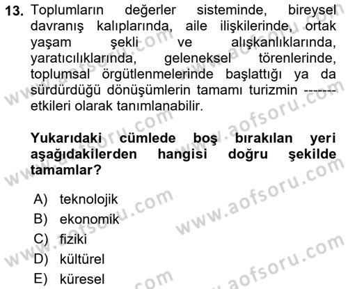 Turizm Sosyolojisi Dersi 2022 - 2023 Yılı (Vize) Ara Sınav Soruları 13. Soru
