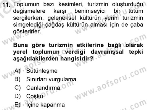 Turizm Sosyolojisi Dersi Ara Sınavı Deneme Sınav Soruları 11. Soru