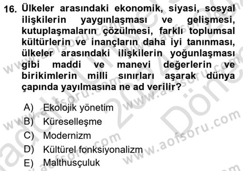 Turizm Sosyolojisi Dersi 2024 - 2025 Yılı (Final) Dönem Sonu Sınav Soruları 16. Soru