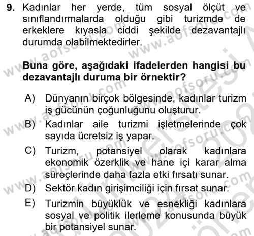 Turizm Sosyolojisi Dersi 2024 - 2025 Yılı (Final) Dönem Sonu Sınav Soruları 9. Soru