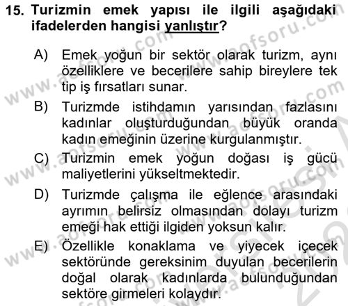 Turizm Sosyolojisi Dersi 2025 - 2026 Yılı (Final) Dönem Sonu Sınav Soruları 15. Soru