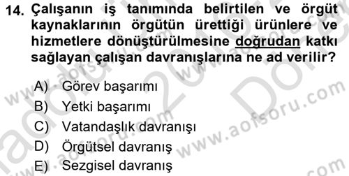 Örgütsel Davranış Dersi 2016 - 2017 Yılı (Final) Dönem Sonu Sınavı 14. Soru