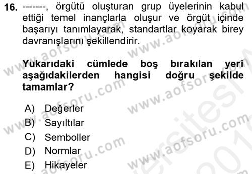 Örgütsel Davranış Dersi 2018 - 2019 Yılı (Vize) Ara Sınavı 16. Soru