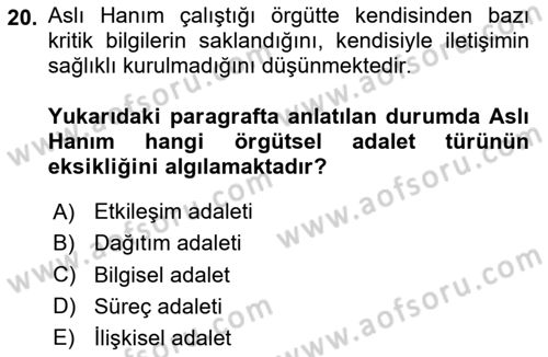 Örgütsel Davranış Dersi 2024 - 2025 Yılı Yaz Okulu Sınav Soruları 20. Soru