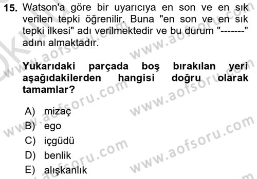 Davranış Bilimleri 2 Dersi 2022 - 2023 Yılı Yaz Okulu Sınav Soruları 15. Soru
