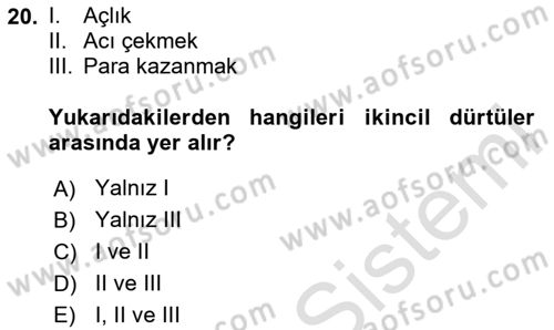 Davranış Bilimleri 2 Dersi 2024 - 2025 Yılı (Vize) Ara Sınav Soruları 20. Soru
