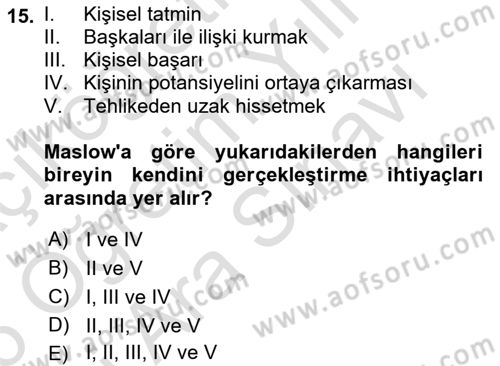 Davranış Bilimleri 2 Dersi 2025 - 2026 Yılı (Vize) Ara Sınav Soruları 15. Soru