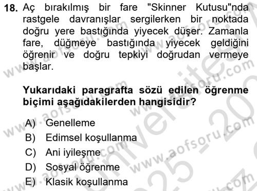 Davranış Bilimleri 2 Dersi 2025 - 2026 Yılı Yaz Okulu Sınav Soruları 18. Soru