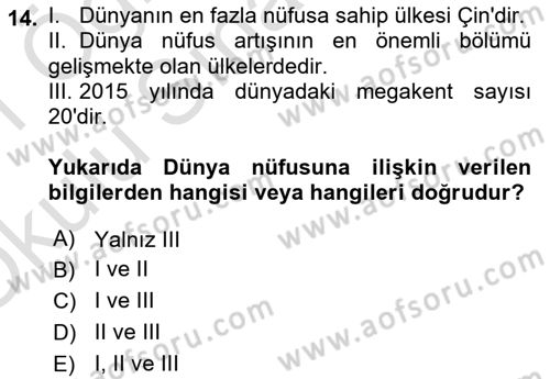 Nüfus Ve Toplum Dersi 2020 - 2021 Yılı Yaz Okulu Sınavı 14. Soru