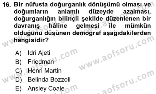 Nüfus Ve Toplum Dersi 2020 - 2021 Yılı Yaz Okulu Sınav Soruları 16. Soru