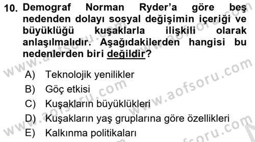 Nüfus Ve Toplum Dersi Yaz Okulu Sınavı Deneme Sınav Soruları 10. Soru