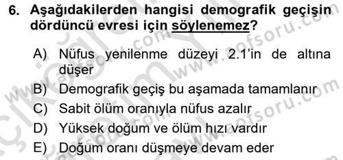 Nüfus Ve Toplum Dersi Yaz Okulu Sınavı Deneme Sınav Soruları 6. Soru