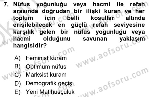 Nüfus Ve Toplum Dersi Yaz Okulu Sınavı Deneme Sınav Soruları 7. Soru