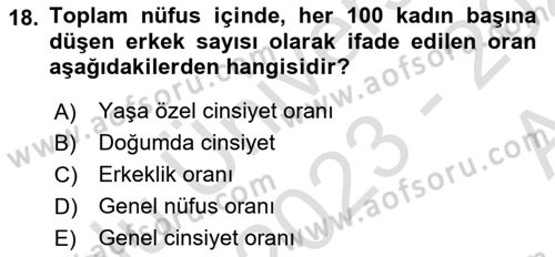 Nüfus Ve Toplum Dersi 2023 - 2024 Yılı (Vize) Ara Sınav Soruları 18. Soru