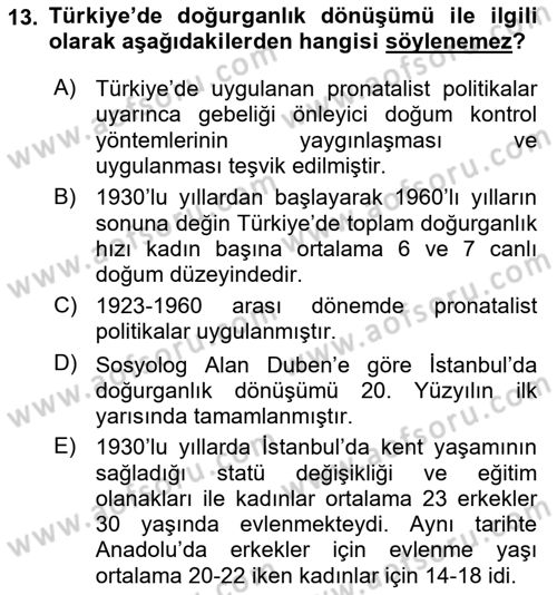 Nüfus Ve Toplum Dersi 2023 - 2024 Yılı (Final) Dönem Sonu Sınav Soruları 13. Soru