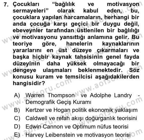 Nüfus Ve Toplum Dersi 2023 - 2024 Yılı (Final) Dönem Sonu Sınav Soruları 7. Soru