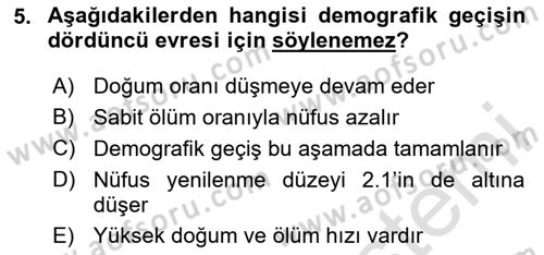 Nüfus Ve Toplum Dersi 2023 - 2024 Yılı Yaz Okulu Sınav Soruları 5. Soru