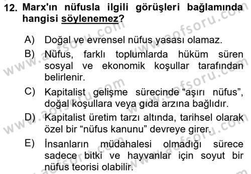 Nüfus Ve Toplum Dersi 2024 - 2025 Yılı (Vize) Ara Sınav Soruları 12. Soru