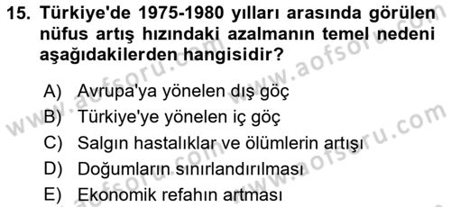 Nüfus Ve Toplum Dersi 2024 - 2025 Yılı (Final) Dönem Sonu Sınav Soruları 15. Soru