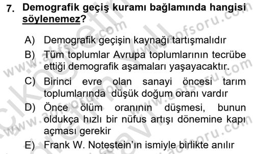 Nüfus Ve Toplum Dersi 2024 - 2025 Yılı Yaz Okulu Sınav Soruları 7. Soru