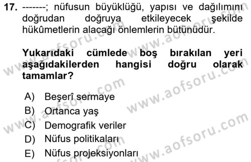 Nüfus Ve Toplum Dersi 2025 - 2026 Yılı (Final) Dönem Sonu Sınav Soruları 17. Soru