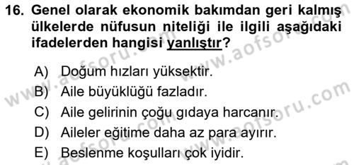 Nüfus Ve Toplum Dersi 2025 - 2026 Yılı Yaz Okulu Sınav Soruları 16. Soru