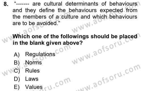 Introduction to Sociology Dersi 2018 - 2019 Yılı (Final) Dönem Sonu Sınav Soruları 8. Soru