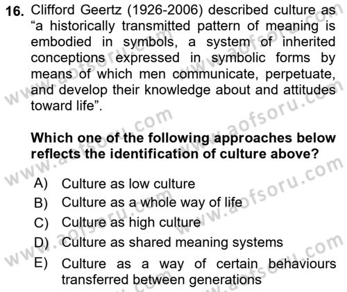 Introduction to Sociology Dersi 2018 - 2019 Yılı Yaz Okulu Sınav Soruları 16. Soru