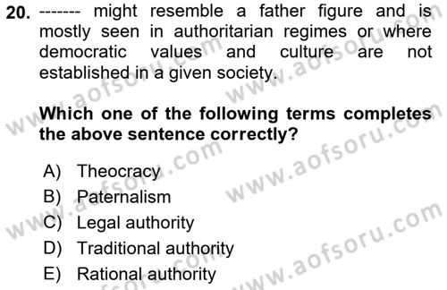 Introduction to Sociology Dersi 2019 - 2020 Yılı (Vize) Ara Sınav Soruları 20. Soru