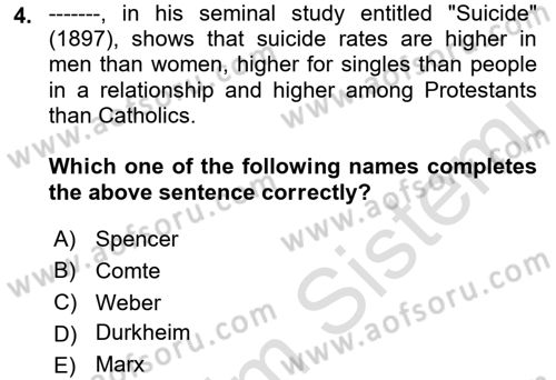 Introduction to Sociology Dersi 2019 - 2020 Yılı (Vize) Ara Sınav Soruları 4. Soru