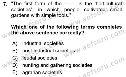 Introduction to Sociology Dersi 2019 - 2020 Yılı (Vize) Ara Sınav Soruları 7. Soru