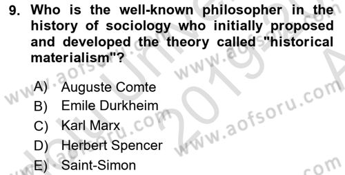 Introduction to Sociology Dersi 2019 - 2020 Yılı (Vize) Ara Sınav Soruları 9. Soru