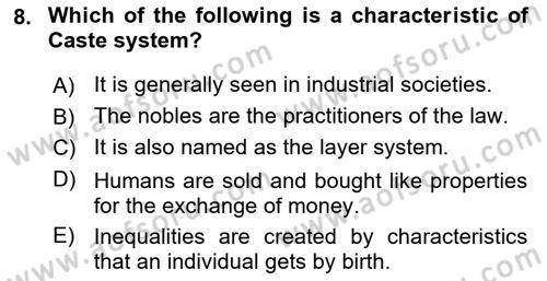 Introduction to Sociology Dersi 2020 - 2021 Yılı Yaz Okulu Sınav Soruları 8. Soru