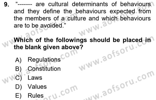 Introduction to Sociology Dersi 2021 - 2022 Yılı (Final) Dönem Sonu Sınav Soruları 9. Soru